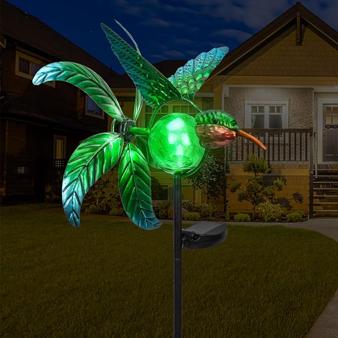 Bshine Hummingbird Solar Light Wind Spinner Outdoor Garden Decoration, Waterproof Garden Stake with Cracked Glass Ball, Gift for Mom, Lawn Ornaments for Pathway, Patio, Yard Decor Outdoor