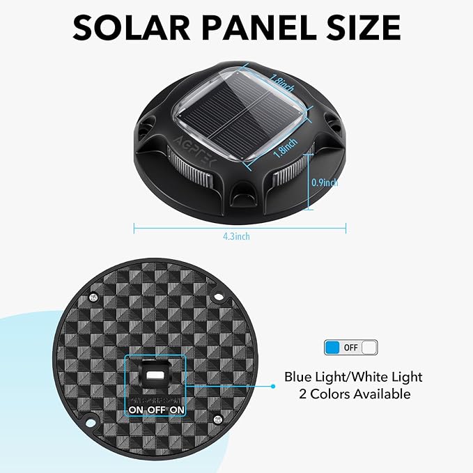 AGPTEK Solar Driveway Lights Outdoor 4 Pack, 2 Color Modes LED Deck Dock Marine Waterproof Security Marker Lights for Step Sidewalk Stair Garden Pathway Walkway Yard(Blue Light/Cool White, Black)
