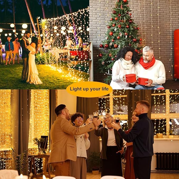 2 Pack Solar Curtain Lights Outdoor Garden Fairy String Lights 300 LED 8 Modes Remote Control Waterproof Solar Waterfall Lights for Gazebo Patio Party Festival Wedding Christmas Decorations(Warm)