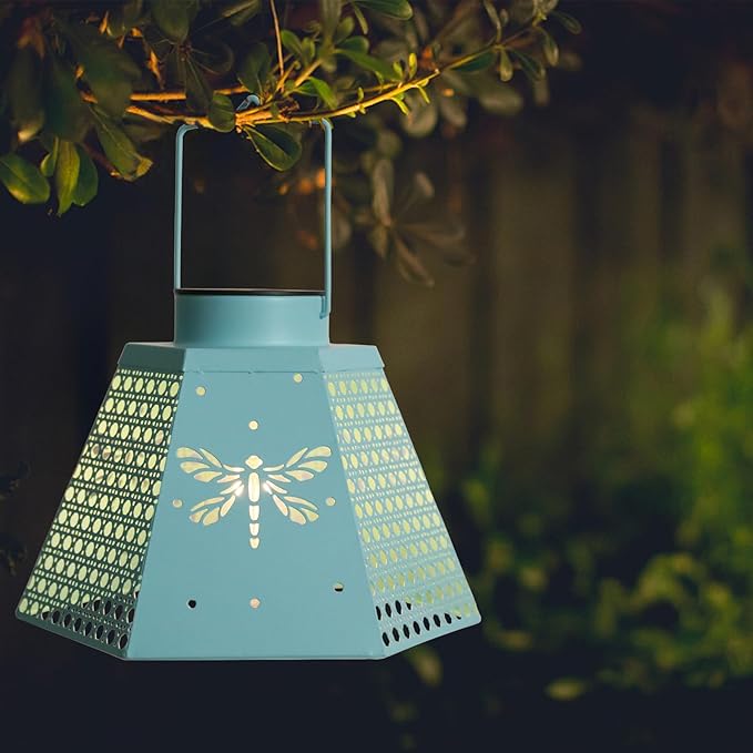 Outdoor Solar Lanterns Waterproof Hanging Solar Metal Lantern 9.5" Dragonfly LED Lantern Yard Art Decor for Yard, Patio, Hallway, Birthday Mothers' Day Gifts (2Pack, Blue)