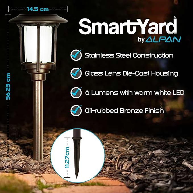 Solar Pathway Lights – Pack of 6, 6 Lumens, Warm White LED, Bronze Finish, Durable Die-Cast Aluminum & Stainless Steel with Glass Lens, Outdoor Garden Lighting, LED Solar Pathway Lights