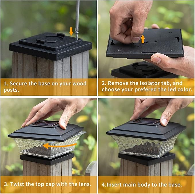 HUYIENO Solar Post Cap Lights Outdoor LED Lighting Deck Fence Cap Light Two Light Modes Warm White/Bright White Suitable for 4x4 Wooden Posts Black 2PK
