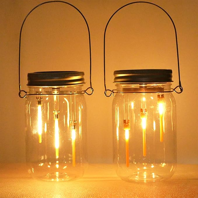 Solar Mason Jar Meteor Light Lanterns, Falling Raindrops Warm White LED Lights Build-in Mason Jar, Outdoor Decorative Waterproof with Stakes for Patio, Yard, Lawn, Tree (Mason Jar Lights, 2)
