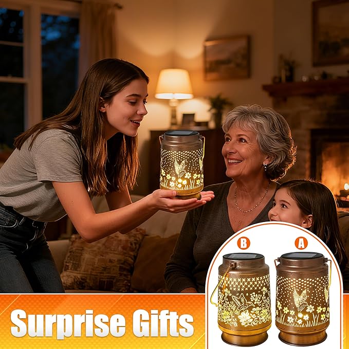 Hummingbird Solar Lantern 2pack - Outdoor Decorative Solar Lanterns for Garden, Patio, Backyard, and Porch - Waterproof Hanging Lantern for Outside - Perfect Gifts for Women