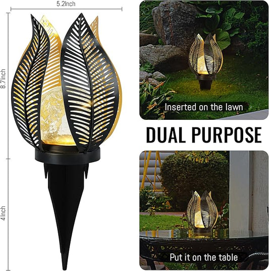 Solar Garden Lights Waterproof Decorations,Crackle Globe Glass,Metal Palm Leaf Solar Lights for Outdoor Decor On Garden,Patio,Yard,Front Porch,Tabletop Lamp-Perfect Gifts