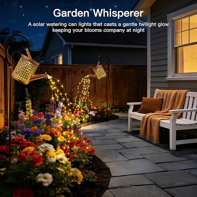 Ollny Solar Watering Can with Cascading Lights Outdoor Garden Decor, Birthday Gifts for Mom Grandma Women, IP65 Waterproof 2 Lighting Modes Hanging Lanterns for Yard Patio Lawn (Beehive)