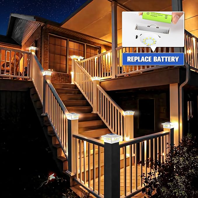 VOLISUN Solar Post Cap Lights: 12 - Pack Outdoor Deck Post Cap Lights White for Dock Fence Waterproof 2 Color Modes,4x4/6x6 Wooden/Vinyl Posts