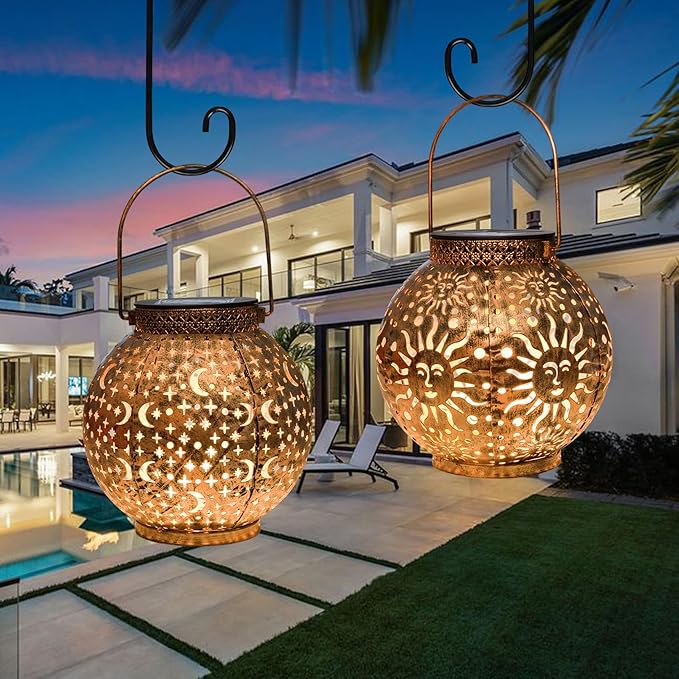 Go2garden 2Pack Solar Lanterns Outdoor Waterproof Garden Gifts for Mom Moon Star Sun Solar Lights for Balcony, Yard,Birthday Mothers Day Gifts for Grandma Wife (Bronze)