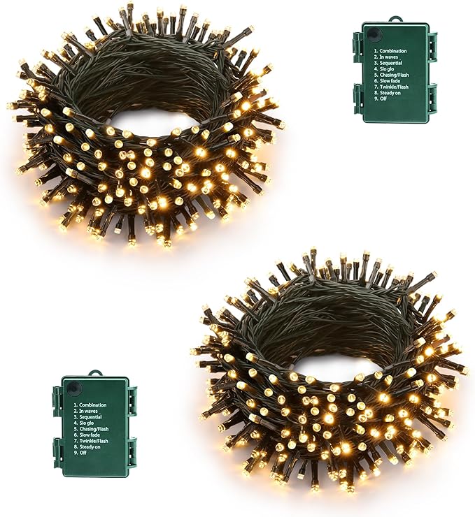 Battery Operated Christmas Lights - 2 Pack Total 33ft 100 LED Battery String Lights 8 Modes Waterproof with Timer for Home, Garden, Party, Holiday, Christmas Tree Decoration (Green Wire, Warm White)