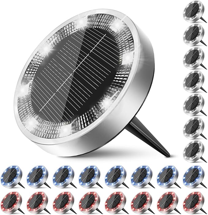 Peasur Solar Ground Lights Outdoor, 24 Pack Flat Solar Powered Disc Lights, IP68 Waterproof, Anti-Rust, Landscape Lighting for Pathway Garden Yard Lawn Walkway Landscape Driveway, Red+Blue+Cool White