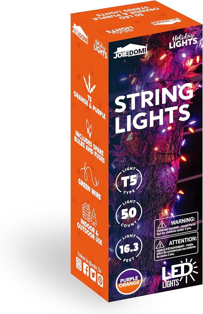Joiedomi 16.3FT Orange&Purple Halloween Lights,50 Count Battery Operated Christmas String Tree Fairy LED Lights with 8 Modes,Multifunction Green Wire with Timer for Xmas Decor Party Holiday House