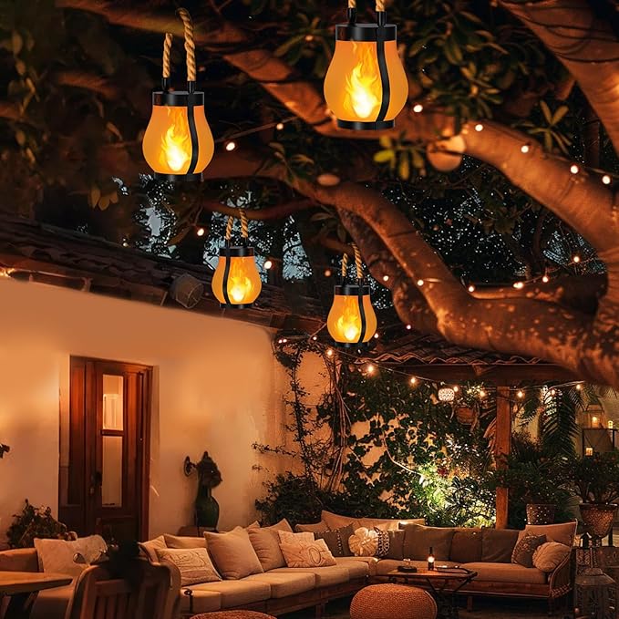 Hompavo Gen2 Solar Lanterns Outdoor with Ultra-Real Flame, Dual Charging (USB/Solar) & 2 Modes - Waterproof Decorative Hanging/Table Lights for Yard Patio Garden Gift Halloween Christmas Decoration, 4