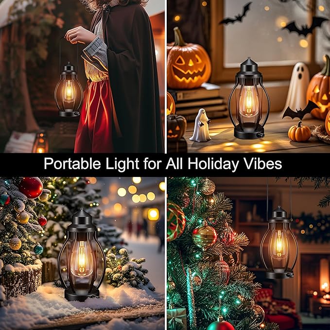 pearlstar Rechargeable Battery Operated Lantern 2 Pack Black Vintage Portable LED Decorative Camping Lamps Outdoor & Indoor, Dimming Warm Light with Timer, for Table Patio Garden Yard Pathway Porch