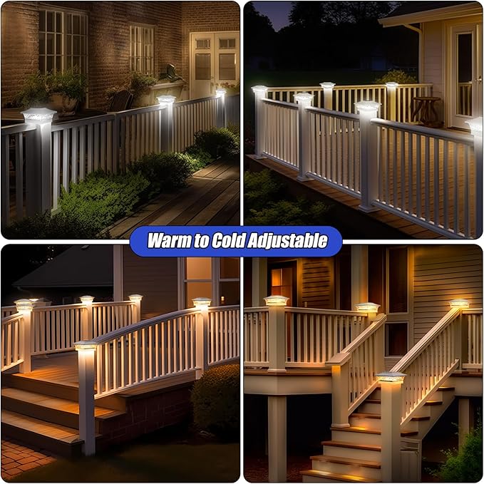 APONUO Solar Post Cap Lights 6 Pack for 4x4 5x5 6x6 Wood & Vinyl Fences - IP65 Waterproof, All-Night Auto On/Off, Warm/Cool White Light, Outdoor Deck Patio Garden (White)