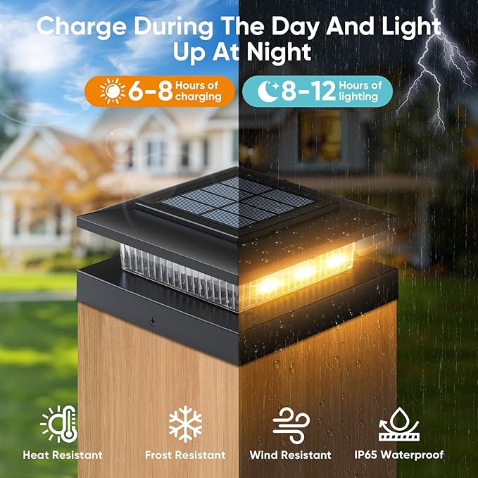 4x4 Post Solar Lights Outdoor: 12 Pack 2 Lighting Modes Fence Deck Cap Lights - IP65 Waterproof Solar Powered for Wooden Vinyl Lamp Post - Warm White and Cool White