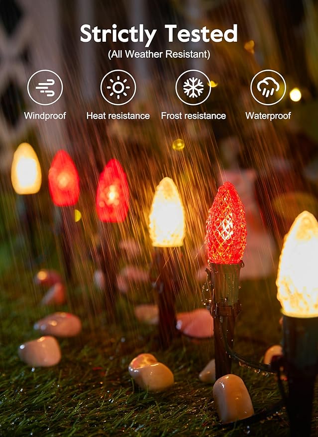Brightown C9 Christmas Lights Outdoor, 25.7 Ft Strawberry C9 Christmas Pathway Lights with 20 LED Bulbs and Stakes, Christmas Decorations Outside Walkway Sidewalk Holiday, Red and Warm White