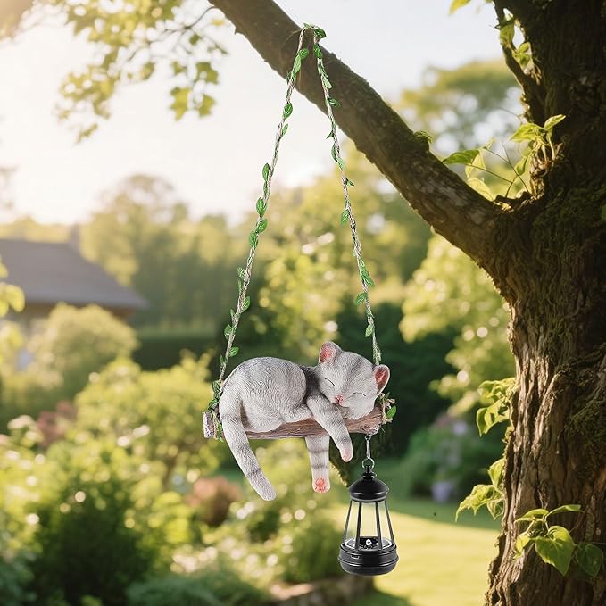 Solar Lighted Garden Outdoor Statue, 22.6" H Hanging Swing Lying with A Sleeping Cat and A LED Lantern, Resin Animal Figurine Hanging Ornaments with Hook for Decoration & Gift