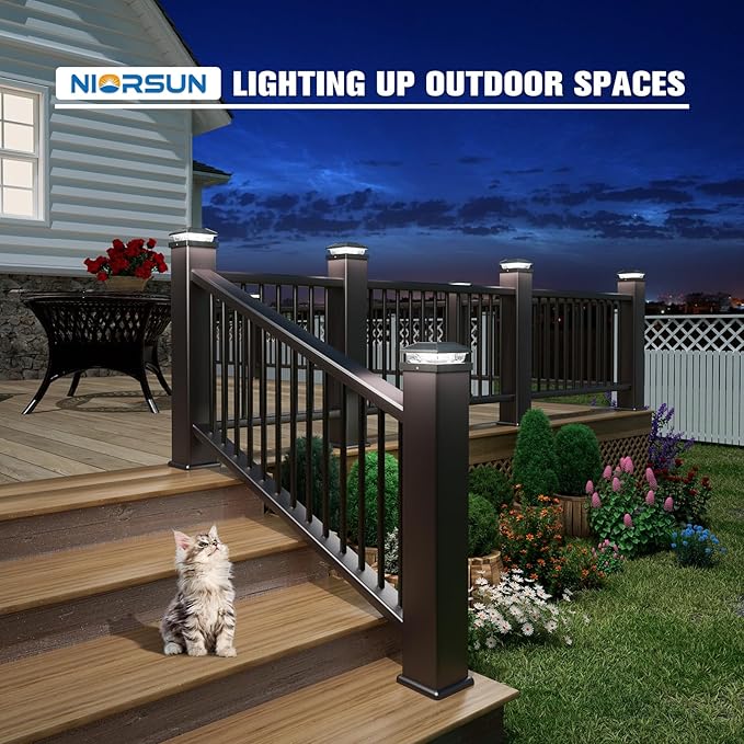 NIORSUN Solar Post Lights Outdoor, Fence Post Solar Lights Cool White, Waterproof, Garden Patio Fence Deck Decor, 4x4 Posts Cap Wood Vinyl, Black 6 Pack