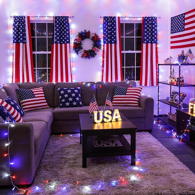JMEXSUSS 33ft 100 LED Red White and Blue Lights Outdoor, 4th of July Lights Battery Operated with Remote, 8 Modes Patriotic Decorations for Indoor Outside Independence Day American Flag Holiday