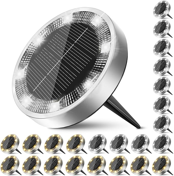 Peasur Solar Ground Lights Outdoor, 24 Pack Flat Solar Powered Disc Lights, IP68 Waterproof, Anti-Rust, Landscape Lighting for Pathway Garden Lawn Walkway Landscape Driveway, Warm White+Cool White