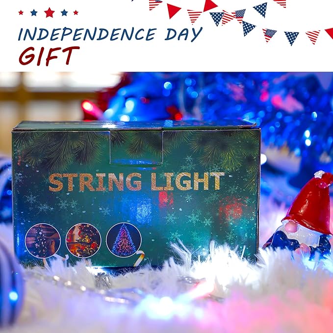 Hopolon Red White and Blue Lights Clear Wire, 33 FT 100 LED 4th of July Decorations String Lights Plug in, Waterproof Christmas Light for Independence Day Patriotic Memorial Day,100 LED,Red White Blue