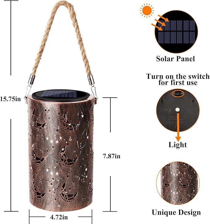 Toodour Solar Lantern Outdoor, Hanging Solar Outdoor Lights Garden Decor, Waterproof Hollow Out Retro Metal Moon Decorative Lights for Patio, Balcony, Yard, Walkway, Landscape, Outdoor Decor