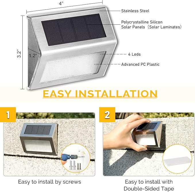 SOLPEX Solar Step Lights, 6 Pack Solar Stair Lights, Outdoor Fence Lighting, Solar Powered Deck Lights Waterproof 4 LEDs for Stairway Patio Porch Pathway Walkway Garden (Warm White)