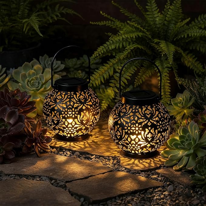 Homemory 2 Pack Solar Lanterns Outdoor Waterproof Hanging Lantern Decorative Outside Lights for Pathway, Patio, Backyard, Porch, Lawn (Black)