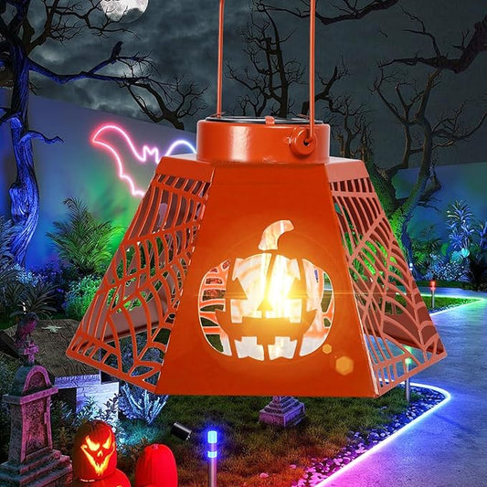 2-Pack 8.6" Halloween Solar-Powered Lanterns with Pumpkin Ghost Face Projection - Outdoor Jack-o'-Lantern Projection Lights, Waterproof Solar Stake Lights for Garden, Yard, Pathway Decor