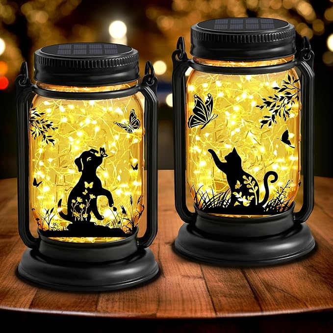 Solar Dog Butterfly Lanterns Outdoor Waterproof - Dog Lover Gifts for Women Mom Grandmom Birthday Mothers Day, LED Hanging Mason Jar Fairy Lights for Garden Yard Patio Decor