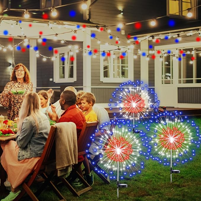 8 Pcs 4th of July Solar Firework Stake Lights 180 LED 8 Modes Solar Waterproof LED Sparkler Lights Outdoor Patriotic Decoration for Garden Patio Yard Pathway Walkway Lawn (Red White Blue)