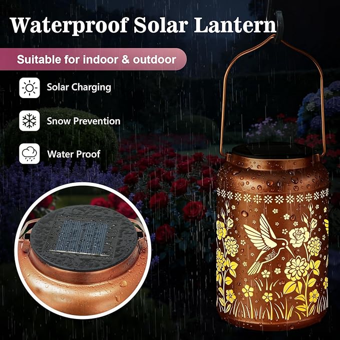 Birthday Gifts for Women Mom Grandma Solar Lantern Outdoor Waterproof, Gardening Gifts for Women, Hummingbird Rose Garden Decor Hanging Solar Lights Yard Decorations Outdoor, Backyard, Patio
