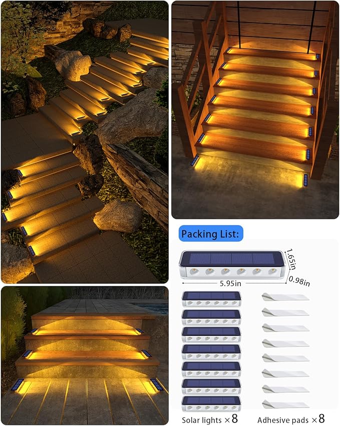 Solar Step Lights for Outside,8 Pack Solar Stair Lights Outdoor Waterproof,Warm White Deck Light Solar Powered Waterproof for Steps,Stairs,Walkway,Sidewalk,Patio,Pathway