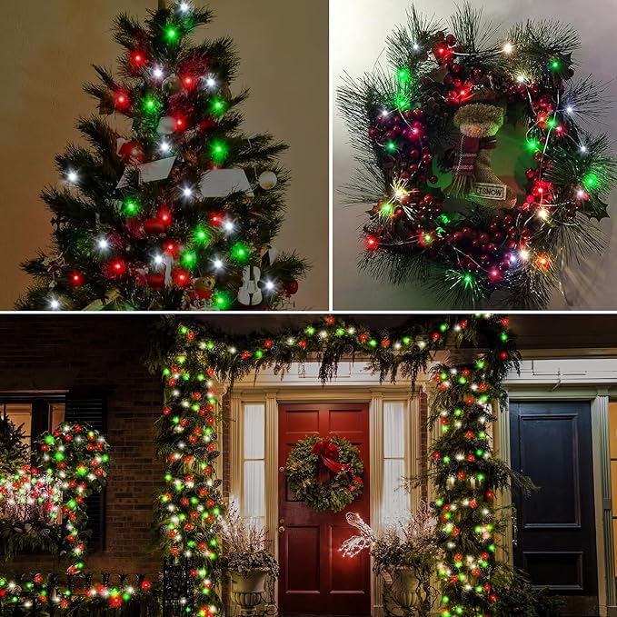 echosari 2 Pack Red White and Green Christmas Fairy Lights Battery Operated, 200 LED 66Ft Silver Wire Starry String Lights Auto Timer 8 Modes Waterproof Mini Lights for Wreath DIY Fence Decor