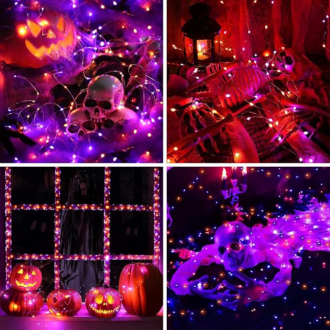 Purple and Orange Halloween Solar String Lights Outdoor, 2 Pack 80FT 200LED Solar Twinkle Lights Outside Waterproof, Copper Wire 8 Modes Lights for Halloween Decoration Outdoor