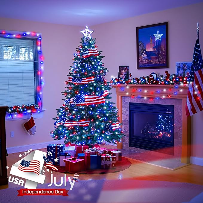 JMEXSUSS Red White and Blue Lights Outdoor Indoor, 2 Pack 100 LED 4th of July String Lights Battery Operated Waterproof for Patriotic Decoration Outside House Garden Tree