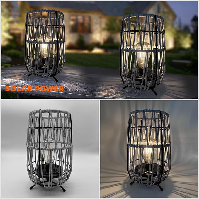 Solar Lanterns Outdoor Tabletop Lamp Lights with Waterproof Stand Decorative Water Resistant Resin & Polyester Cord Woven Design for Garden Patio Lawn Courtyard