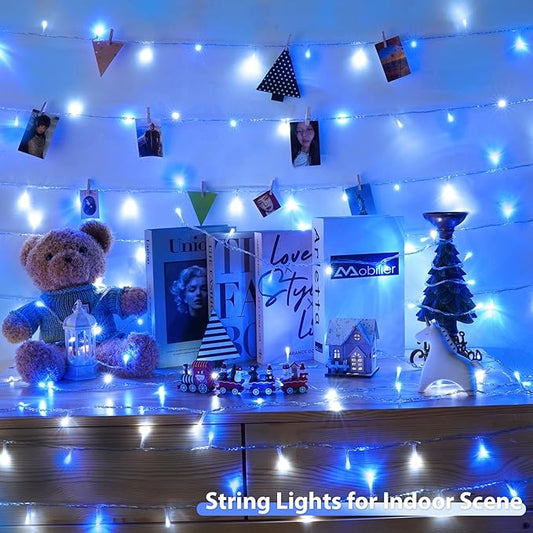 2 Pack Christmas String Lights Battery Operated with Timer, 66FT 200 LED Waterproof Battery Twinkle Lights, 8 Modes Fairy Light for Indoor & Outdoor Party Bedroom Christmas Decorations (Blue & White)