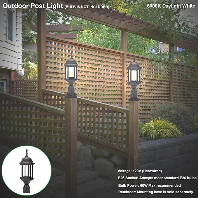 LIT-PaTH Outdoor Post Lighting Fixture Pole Lantern, E26 Medium Base Max 60W, Aluminum Housing Plus Glass, 2-Pack, Black Finish