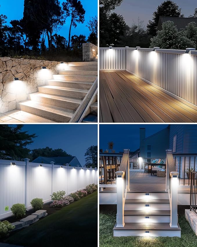 2 Pack Solar Motion Lights Outdoor, Waterproof Fence Lights Solar Powered with 3 Lighting Mode, Cold White LED Step Light for Outside Wall Yard Deck Stairs Garden - White