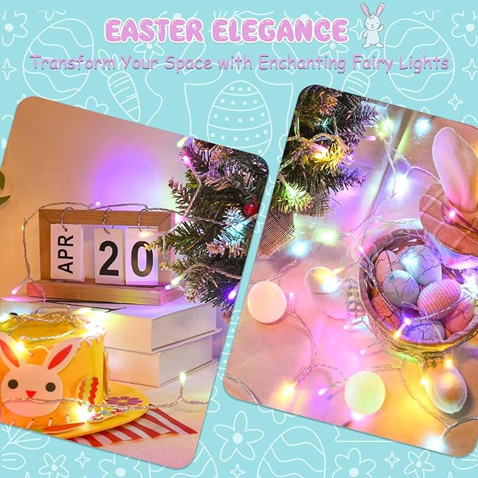 Easter String Lights Battery Operated,Pastel Easter Lights with Timer 9.8ft 30LED Transparent Wire Fairy Lights for Easter Decorations Garland Outdoor Indoor Party