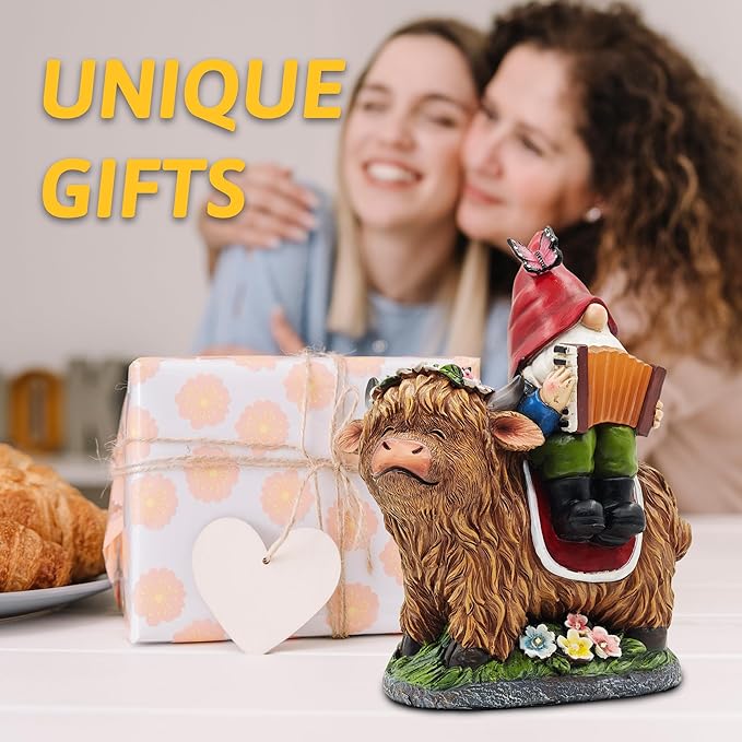 Christmas Garden Gnomes Outdoor Statues: 8'' Solar Light Gnome Decor on Highland Cow Play The Accordion Unique Birthday Gifts for Women Mother Grandma