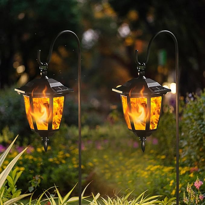 Dynaming 2 Pack Solar Flame Hanging Lights Outdoor, Halloween Solar Flickering Flame LED Garden Lanterns with 2 x 38 Inch Shepherd Hooks, Christmas Lighting for Lawn Patio Yard Pathway Driveway