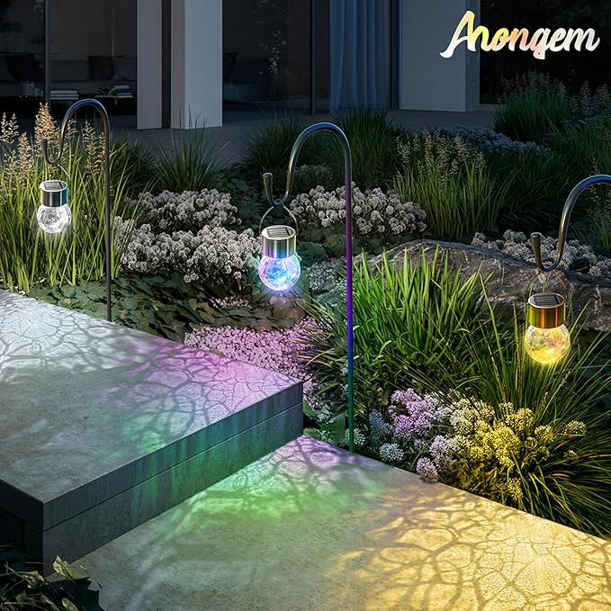 Solar Hanging Lanterns Outdoor: 12 Pack Cracked Glass Ball Lights with Hook - Waterproof Color Changing Globe Decorative Garden Tree Fence - Gardening Holiday Gifts for Women