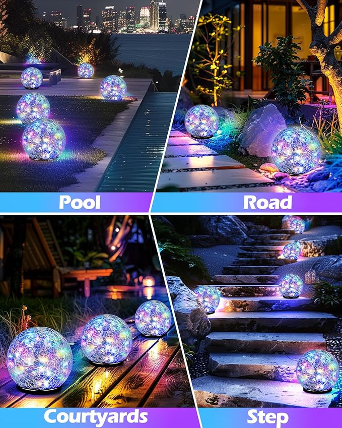 Coroor Garden Solar Ball Lights Outdoor Waterproof, 50 LED Cracked Glass Globe Solar Power Ground Lights for Path Yard Patio Lawn, Outdoor Decoration Landscape Colorful(2 Pack 4.7'')