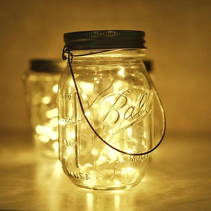 Solar Mason Jar Lid Lights, 8 Pack 20 LED Waterproof Fairy Star Firefly String Lights with (8 Hangers Included,Jars Not Included), for Mason Jar Table Garden Wedding Party Decor (Warm White)