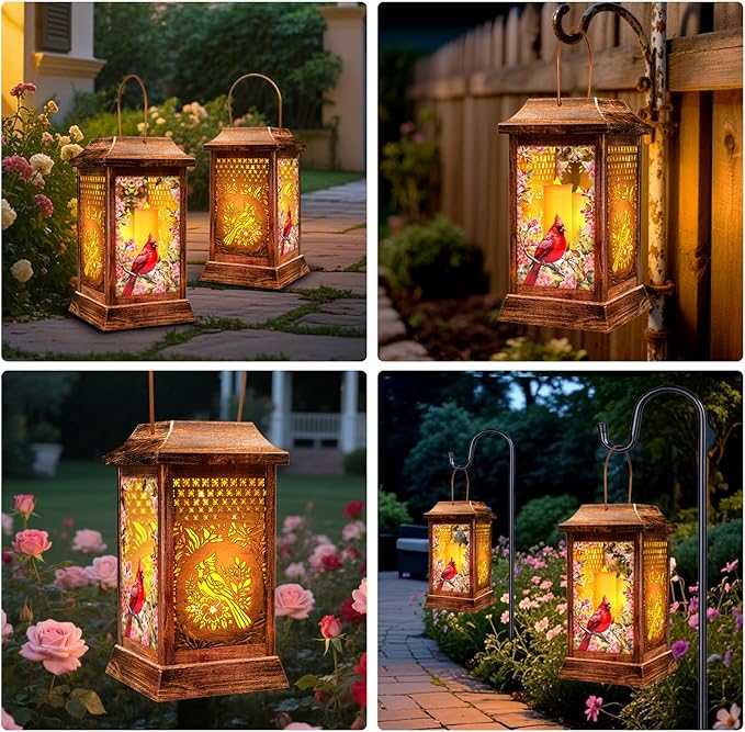 Cardinal Solar Lanterns Outdoor Hanging Lanterns, Metal Glass Garden Decor Solar Lights, Gifts for Women Mom Birthday Grandma Mothers Day, Waterproof Decorative Lantern for Outside Patio Yard