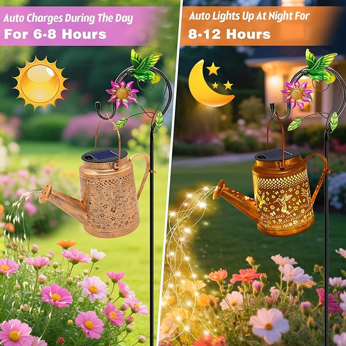 VOOKRY 2 Pack Hummingbird Metal Solar Watering Can Lights, Solar Lights Outdoor Waterproof, Birthday Gifts for Women Mom Grandma, Hanging Lanterns Decorative Garden Decor for Outside Yard Patio Lawn