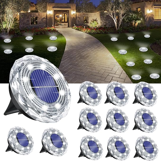 Solar Ground Light Outdoor 12 Pack Mini Solar Grounf Lights Waterproof Landscape Lighting Solar Powered Pathway Lights LED Disk Light for Patio Lawn Driveway Yard Decor, Cool White
