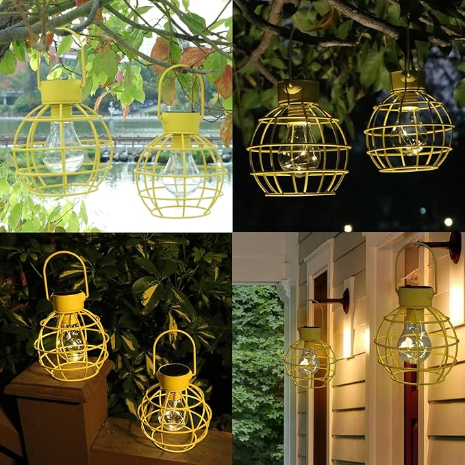 2 Pack Solar Lanterns Outdoor Hanging Lights, Metal Solar Lantern Outdoor Waterproof Auto On/Off Solar Light for Patio Backyard Pathway Porch, Yellow